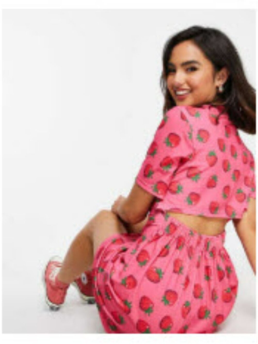 ASOS DESIGN open back mini tshirt dress in pink and red strawberry print